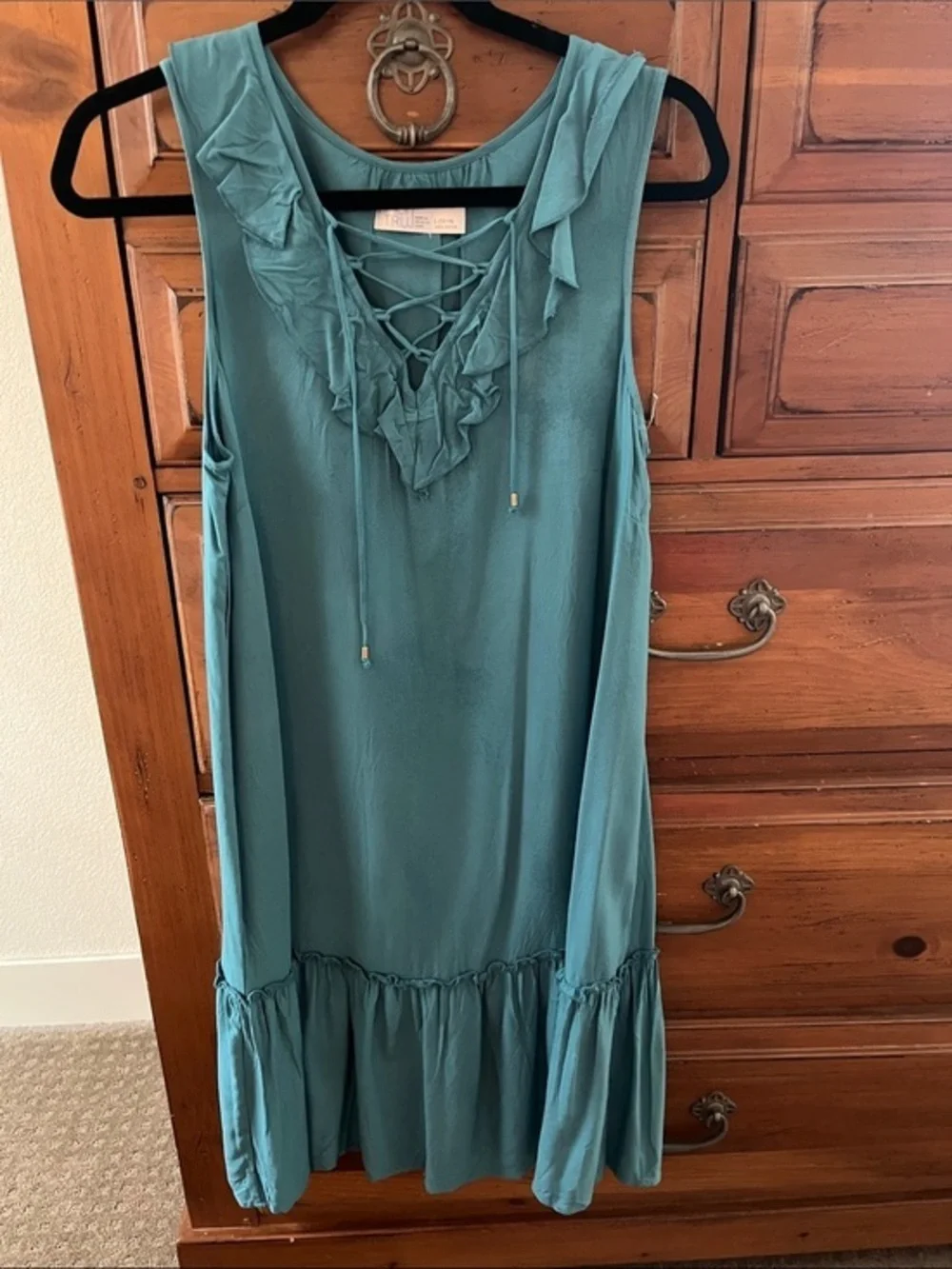 Time and Tru Teal Lace-Up Ruffle Tiered Mini Dress NWOT